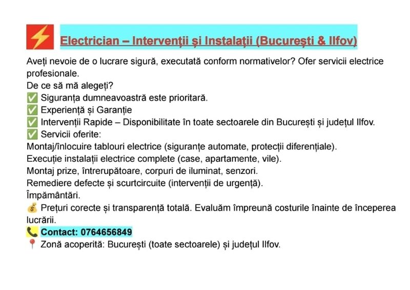 Electrician Bucuresti si Ilfov (Bragadiru, Cornetu, Magurele, Domnesti etc)